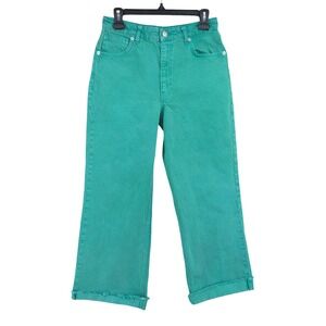 Zara Wide Leg Crop High Rise Frayed Hem Green Wash Jeans Womens 38 6